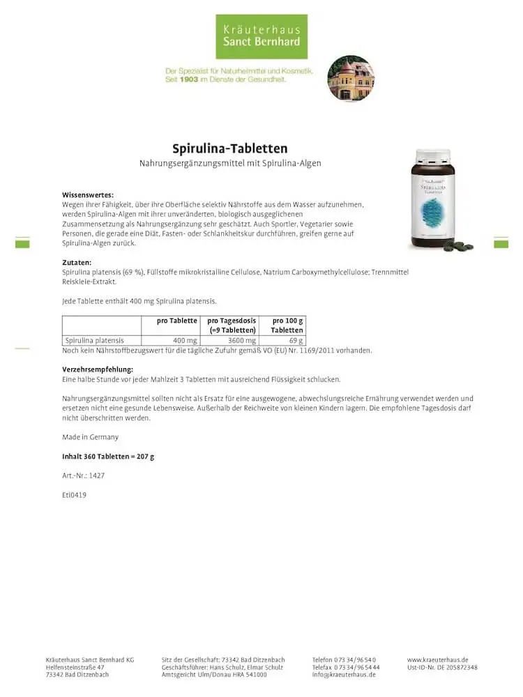 Tảo xoắn Spirulina 400mg Sanct Bernhard 360 viên